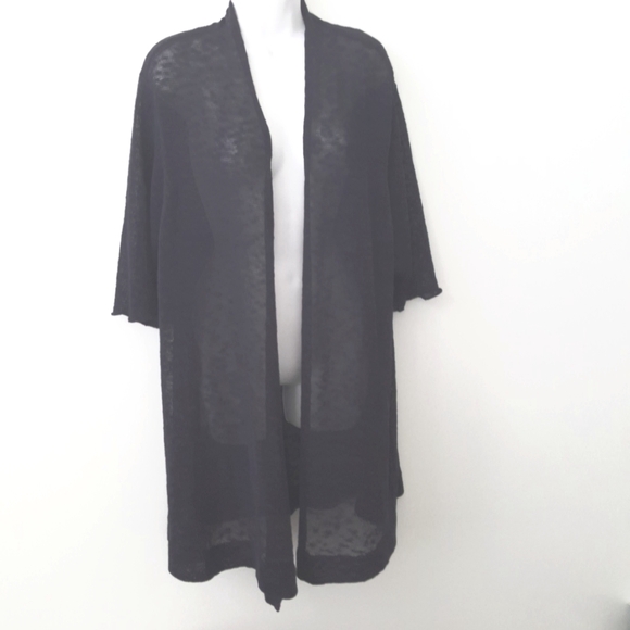 Navy Eileen Fisher Textured Linen Knit Blend Open Front Midi Cardigan Size 2X - Picture 9 of 14
